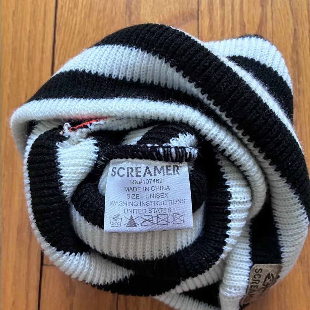 Striped Black and White Balaclava with Red Accents